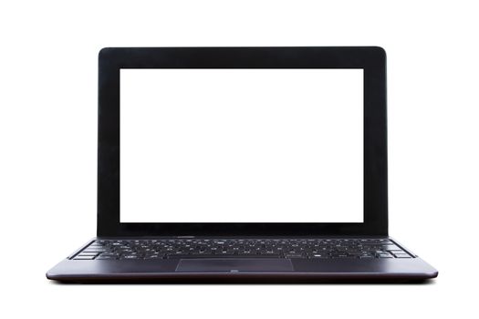 Tablet laptop with blank screen, front view, isolated on white background.