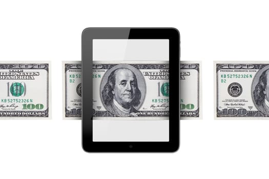 Online shopping concept, one hundred dollar banknotes around tablet screen, isolated on white background.