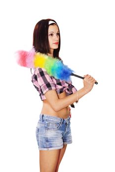 young beautiful woman maid dusting isolated on white background