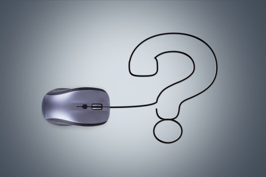 Mouse with cable in form of question mark over dark background.