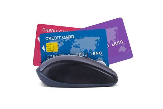 Online shopping concept, computer mouse with colorful credit cards, isolated on white background.