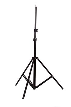 Black tripod standing, isolated on white background.