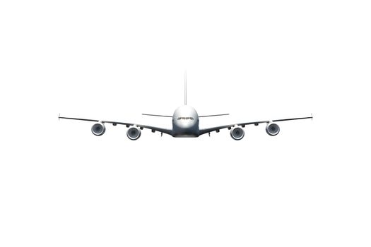 Passenger air plane flying, front view, isolated on white background.