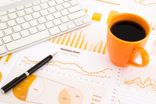 top view of graphs, charts, data and report summarizing for management budget and planning business project