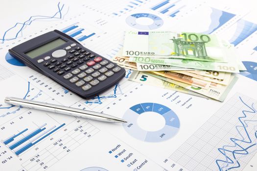 europe currency on financial charts, expense cash flow summarizing and graphs background, concepts for saving money, budget management, stock exchange, investment and business income report