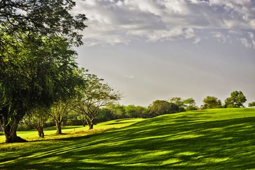 Golden sunrise on golf greens, Philippines