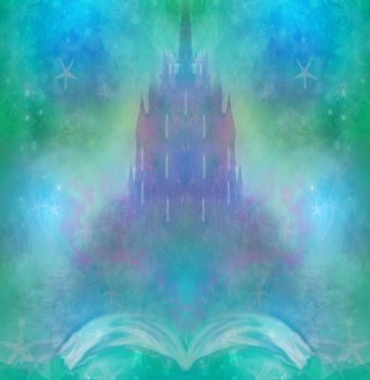 Magic world of tales, fairy castle appearing from the book