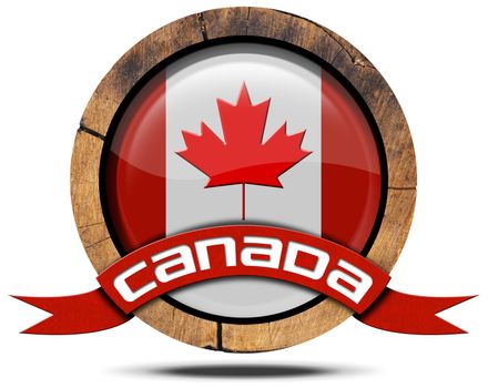 Wooden icon or symbol with Canadian flag and red ribbon with text Canada. Isolated on white background