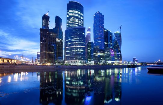 Russia, business center building on the Moscow River, evening landscape