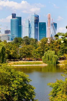 Moscow, Russia, 09.08.2014, view of the business center with Novodevichy Ponds