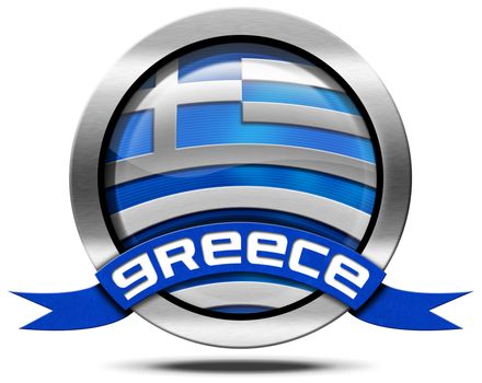 Metal icon or symbol with Greek flag and blue ribbon with text Greece. Isolated on white background
