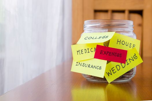 A jar of coins with expenses and other words or labels on savings money jar