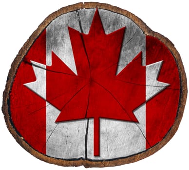 Flag of Canada on a section of tree trunk isolated on white background