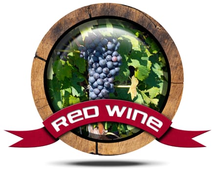 Wooden icon or symbol with black grape and red ribbon with text red wine. Isolated on white background