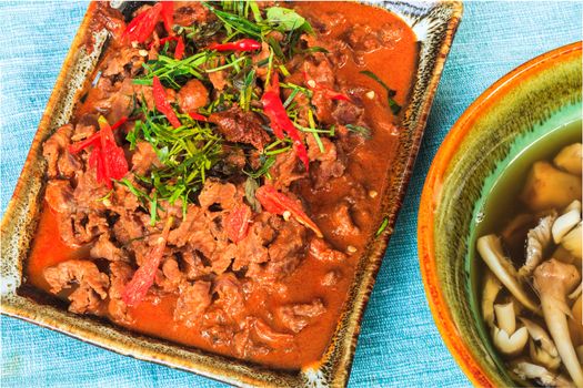 Thai style savory curry with beef on the plate