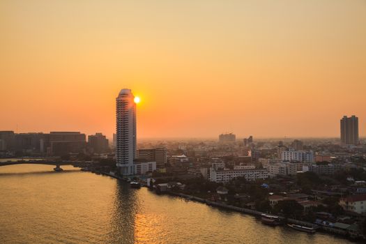 Sunset at the Chao Phraya River in Bangkok, Thailand