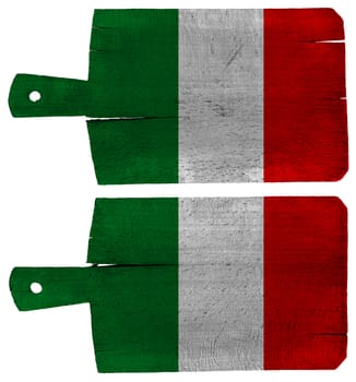 Old cutting boards with italian flag isolated on white background