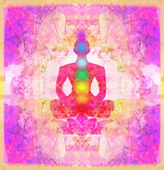 Yoga lotus pose. Padmasana with colored chakra points.