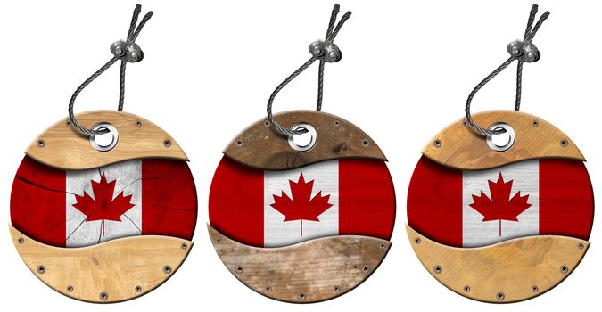 Four wooden labels with Canadian flags with steel cable. Isolated on white background