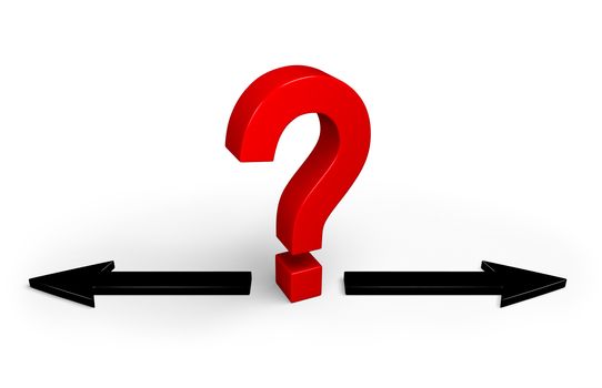 A bright, red question mark stands between two black arrows pointing in opposite directions.  Isolated on white.