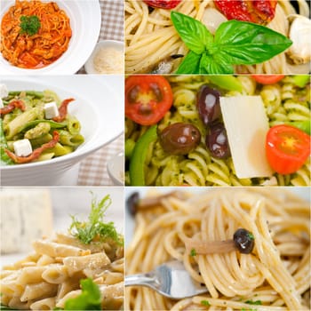 collection of different type of Italian pasta on collage white frame