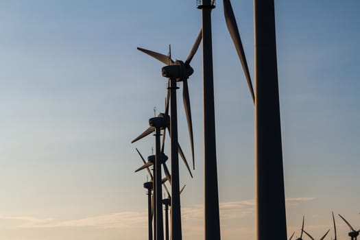 Group of windmills for renewable electric on sunset.