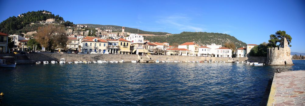 panoramic view of naypaktos harbour in greece