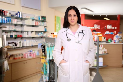 young pharmacist with stethoscope in the pharmacy