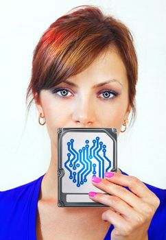 beautiful female android holds digital device on her hand