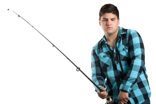 Teenager fishing.  Isolated over white in studio with plenty of copy space.