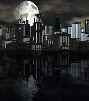 Night futuristic city scene with big moon