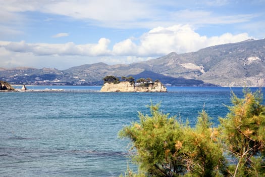 small private island with bridge in greece