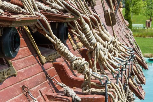 Close up view of pirate ship in park.