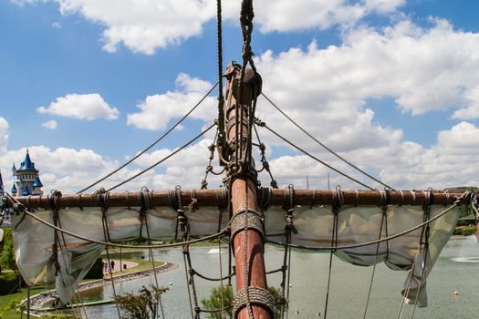 Close up view of pirate ship in park.
