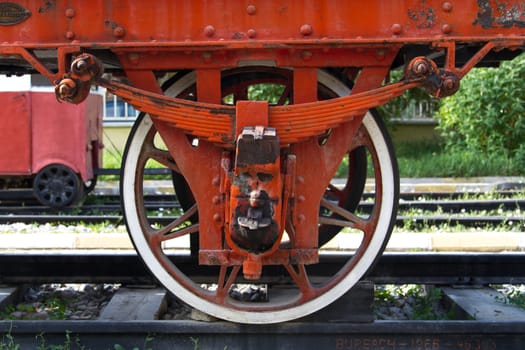 Close up view of wheel of train on railway.