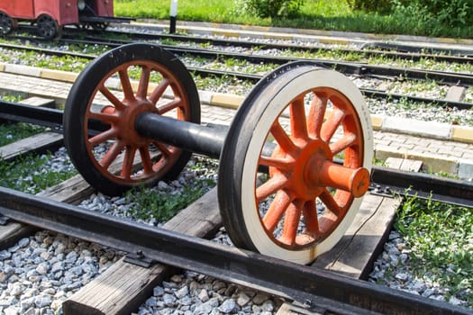 Close up view, wheel of train on railway.