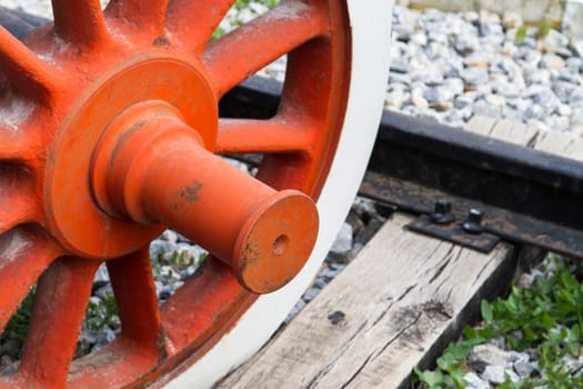 Close up view, wheel of train on railway.