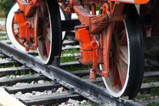 Close up view of wheel of train on railway.