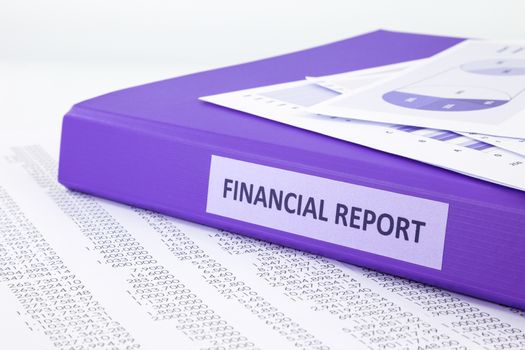 Purple binder of financial report place on sale and purchase statement, concept to financial accounting