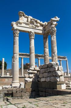 Ruins of temple of Trajan in Pergamon ancient city, Turkey