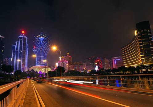 casinos skyline at night in macau china