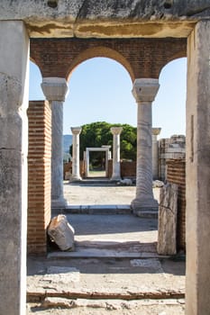 Ruins and columns of St. Johns Basilica at Ayasuluk Hill, Selcuk Ephesus, Izmir, Turkey.