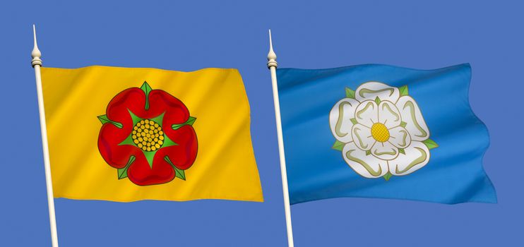 The English county flags of Lancashire and Yorkshire - with the red rose of Lancashire and the white rose of Yorkshire.