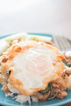 Basil fried rice with pork and fried egg, stock photo