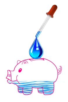 Piggy bank with pipette, dropper. Save water, Save Earth Concept. Conceptual image showing the value of water, it's more important than saving the money.