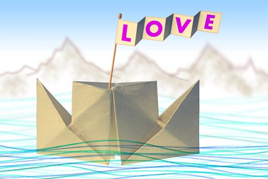 Origami paper boat with flag writing LOVE