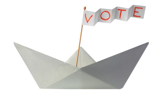 Origami paper boat with flag writing VOTE