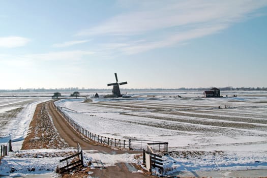 Traditional windmill in the countryside from the Netherlands in winter