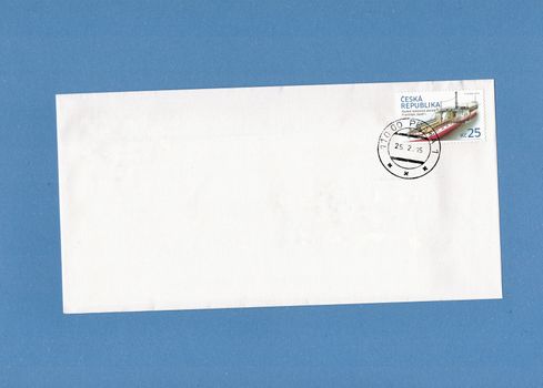 PRAGUE, CZECH REPUBLIC - CIRCA 2013: A post stamp printed in Czech Republic bearing a drawing of the Osobn� kolesov� parn�k Franti�ek Josef I., i.e. passengers' paddle steamer Franz Joseph I.