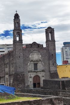 Cathloic Church Plaza of the Three Cultures, Plaza de las Tres Culturas, Ancient Aztec City of Tlatelolco, where Aztecs staged last battle against Cortez in Mexico City, Mexico. Sacred Spot of the Aztecs that later become the site of one of the oldest churches

